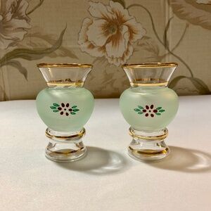 Pair Barlett Collins Hand Painted 3.75” Frosted Green, Clear Bud Vases Gold Trim